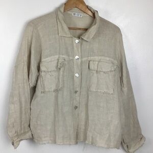 100% LINO Made in Italy Linen Raw Hem Lagenlook MOP Button Top L/XL
